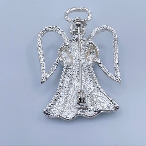 Angle Brooch Silver Tone Blue Swirl Enamel Heart Charm Faux Pearl Halo Wings - Picture 9 of 10